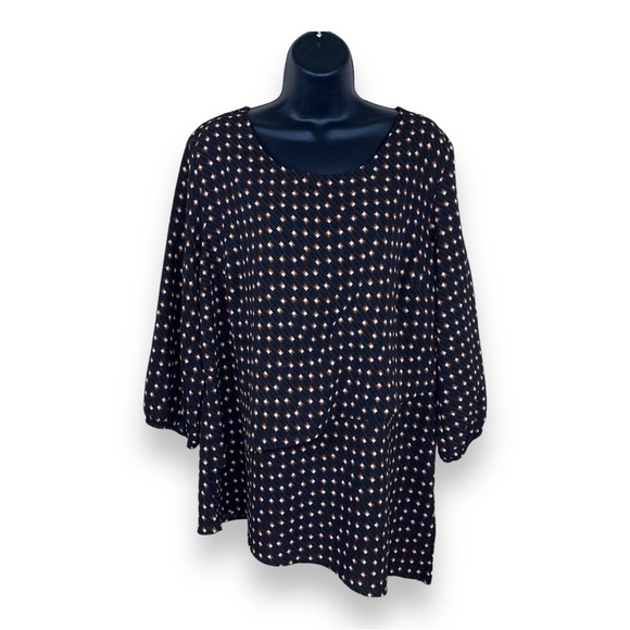 LARGE APT 9 BLACK BROWN WHITE SQUARE PRINT ART DECO BLOUSE STRETCH - Picture 1 of 12